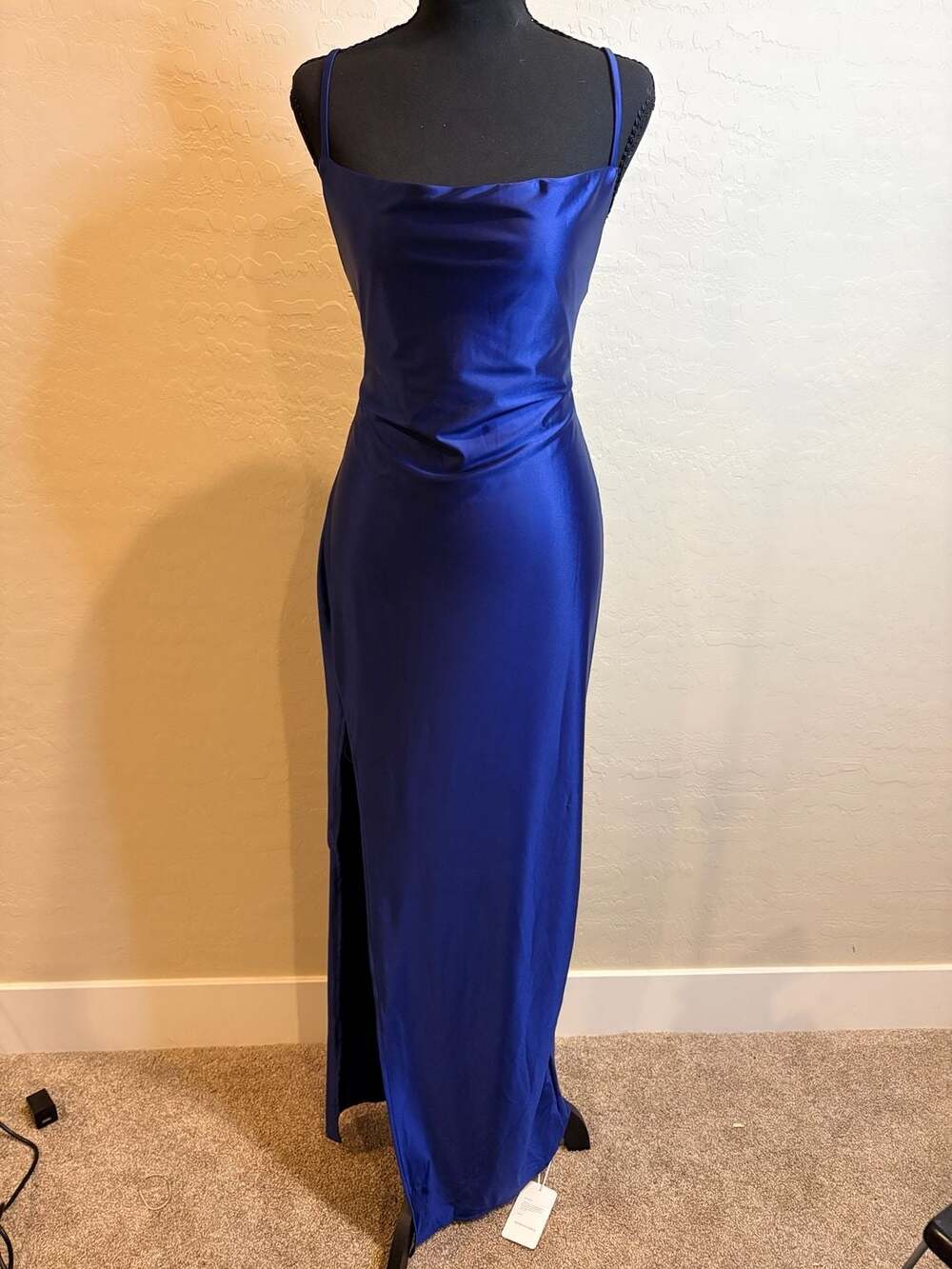 Memoriesea Royal Blue Satin Cowl Neck Maxi Dress Size M